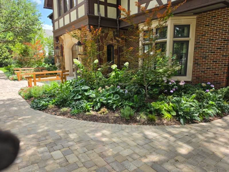 Mixed foliage, flowers, and ornamental trees frame a paved entrance.