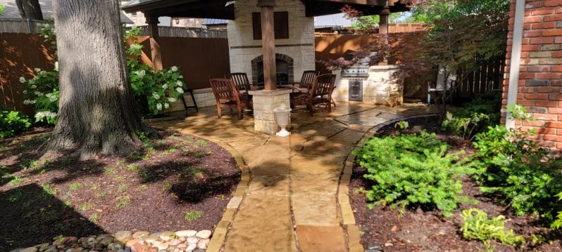 Stone paving curves through a planted outdoor space.